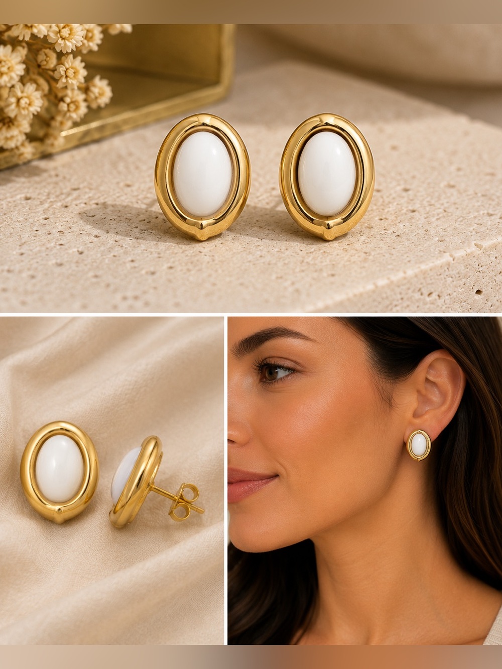 Chic Gold and White Oval Earrings